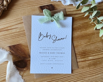 Personalised Baby Shower Invites, Baby Shower Ribbon Invitations, Rustic Hello Baby Stationary, Gender Neutral, Printed, Gender Reveal Party