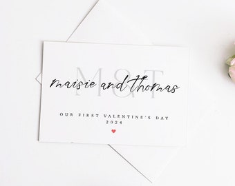 Gepersonaliseerde eerste Valentijnsdag kaart, onze eerste Valentijnsdag paren Valentijnsdag kaart, liefdeskaart, vriend, vriendin