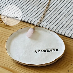 Personalised Trinket Dish Gift Handmade Clay Jewellery Tray (Personalised Keepsake, Gift Idea, Ring Dish, Gold Edge, Trinket Tray)