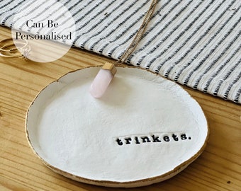 Personalised Trinket Dish Gift Handmade Clay Jewellery Tray (Personalised Keepsake, Gift Idea, Ring Dish, Gold Edge, Trinket Tray)