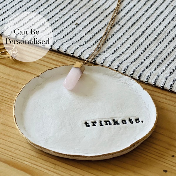 Personalised Trinket Dish Gift Handmade Clay Jewellery Tray (Personalised Keepsake, Gift Idea, Ring Dish, Gold Edge, Trinket Tray)