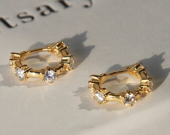 Gold Diamond Huggies Hoops Earrings, Gold Plated Sterling Silver Delicate Hoops, Layering Earrings