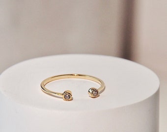 14K Gold Plated Duo Diamond Ball Dainty Open Ring • S925 Silver Jewelry • Minimalist Everyday Ring • Stackable Rings