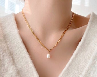 Pearl Necklace with Pendant • Baroque Freshwater Natural Pearl • Double Chain Layering Necklace • Minimalist Necklace