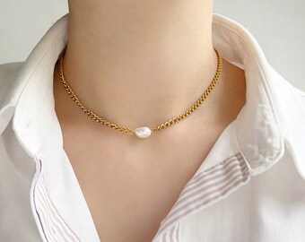 Baroque Natural Pearl Chain Choker Necklace • Gold Plated Titanium Steel Necklace • Minimalist Style Jewelry • Modern Chain Necklace