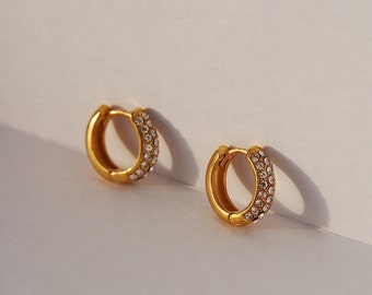 18K Gold Cubic Zirconia Huggies Hoops Earrings • Everyday Mini Hoop Earrings • Water Resistant Titanium Earrings • Minimal Hoops