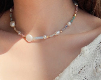 Baroque Pearl Pastel Bead Necklace • Minimalist Style Jewelry • Layering Necklace • Summer Beach Beaded Necklace