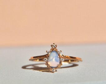 Natural Pear Opal Rose Gold Promise Ring, Boho Crown Ring, Valentine's Day Gift Ring, Stacking Rings