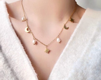 Celestial Star Moon Charm Pearl Dangle Necklace, Dainty Gold Plated Titanium Necklace , Boho Necklace Jewelry