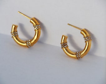 18K Gold Huggies Hoops Earrings with Diamond Details • Everyday Hoop Earrings • Water Resistant Titanium Earrings • Minimal Hoops