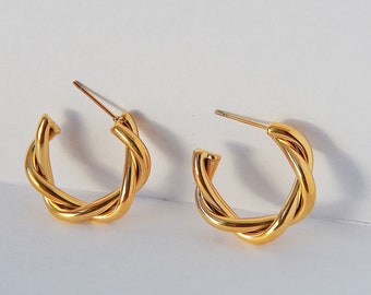 18K Gold Twist Hoops • Croissant Hoop Earrings • Water Resistant Titanium Earrings • Medium Minimalist Hoop Earrings