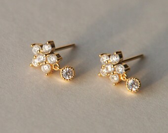 Dainty Diamond Flower Stud Earrings, Diamond Drop Gold Plated Sterling Silver Earrings, Everyday Earrings, Helix Piercing