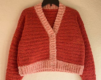 Crochet Bouclé Crop Top Cardigan Sweater (Oversized Size M/L)