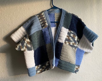 Crochet Patchwork Short-Sleeve Cardigan - Size L/XL