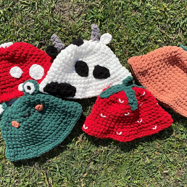 Puffy Crochet Bucket Hats (Mushroom, Frog, Bumblebee, Strawberry, Cow, Peach)