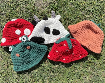 Puffy Crochet Bucket Hats (Mushroom, Frog, Bumblebee, Strawberry, Cow, Peach)