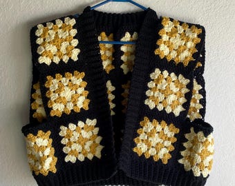Crochet Granny Square Patchwork Cardigan Vest - Sizes: S, M, L, XL, XXL