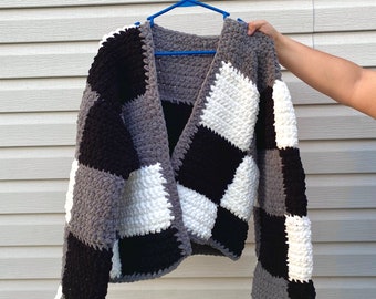 Puffy Crochet Patchwork Long Sleeve Cardigan - Size L/XL