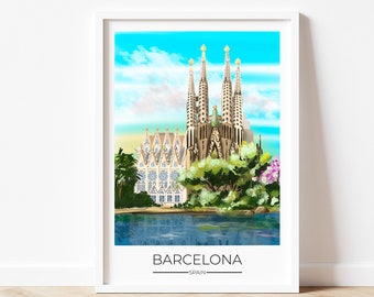 Barcelona Travel Poster Wall Print / Travel Poster / La Sagrada Familia / Spain Wall Art / Travel Gift