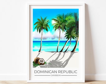 Dominican Republic Print Dominican Art Caribbean Poster Caribbean Wall Art Beach Scene Art Coconut Print Palm Tree Print Tropical Print