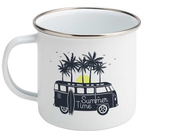 May include: White enamel mug with a silver rim and handle. The mug features a black illustration of a vintage van, palm trees, a surfboard, and the words "Summer Time" in a script font. A yellow sun is behind the palm trees.