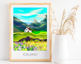May include: A framed art print featuring a vibrant landscape of Iceland. The artwork depicts a white house with a red roof nestled in a green valley, with mountains in the background. The word "ICELAND" is printed at the bottom.