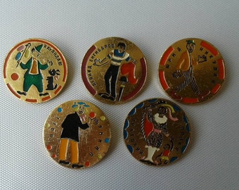 Vintage Soviet Badges 70-80s Circus Made in USSR Clown Oleg Popov Soviet circus Set of 8 color pins Glass pins 3D pins