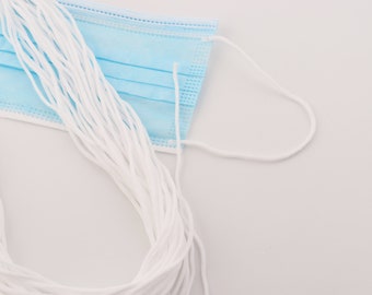 May include: A close-up of a blue surgical mask with white elastic ear loops. The ear loops are bundled together and are ready to be used.