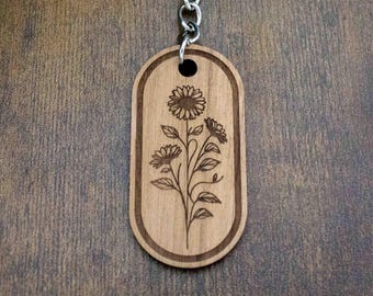Sunflower Floral Frame Solid Walnut Keyring – Wooden Engraved Keychain – Unique Nature Flower Inspired Gift