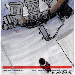May include: An abstract illustration of a robot-like figure on a USPS Priority Mail box. The artwork features gray and white mechanical components, with a red and white label at the bottom. The text "Label 228, December 2023" is visible.