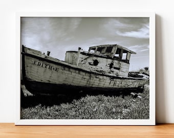 Black and White Abandoned Boat Photography Print Wall Art Office Decor