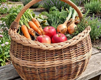 May include: A round woven wicker basket with a sturdy arched handle, filled with fresh produce including bright orange carrots with green tops, two shiny red apples, two brown-skinned onions, and sprigs of fresh green herbs.