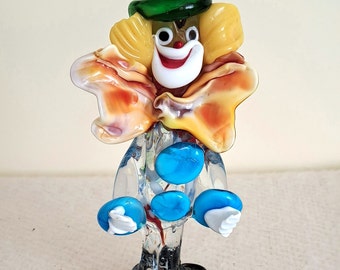 figure de clown vintage, clown en verre de Murano avec chapeau vert, cheveux jaunes, nœud papillon jaune-rose, cadeau pour elle, figurine de collection