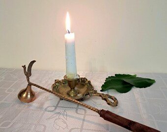 Vintage Brass Bird Candle Snuffer, Wood Handle, Home Decor