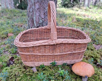 May include: A light brown wicker basket with a handle, set on mossy ground near a tree. The basket is oval-shaped. A mushroom with a reddish-brown cap is next to the basket, suggesting a foraging theme. The basket's dimensions are not visible.