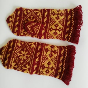 Wool mittens handknitted winter gloves CHRISTMAS GIFT, burgundy-yellow worm mittens Lithuanian pattern mittens gift for her for women or man