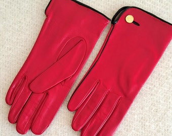 Guanti vintage in pelle rossa, foderati in seta, taglia 7,5