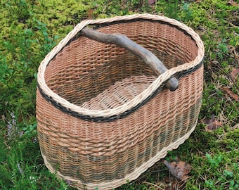Large wicker basket handwoven with wood handle market shopping basket mushroom  foraging basket housewarming gift farmer basket gift for him
