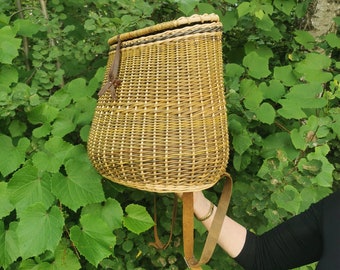 Mochila grande con correas de cuero cesta de mercado mochila de hombro de forrajeo cesta de sauce cesta de setas hecha a mano regalo para él