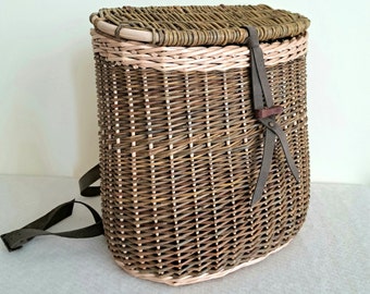 Wicker backpack, foraging basket with durable leather straps, willow rucksack, handwoven basket, gift for her
