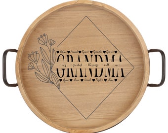 Personalized serving tray for grandma with grandchildren names carved on, round or rectangular tray