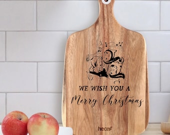 Laser engraved cheese board with carolers - we wish you a merry Christmas