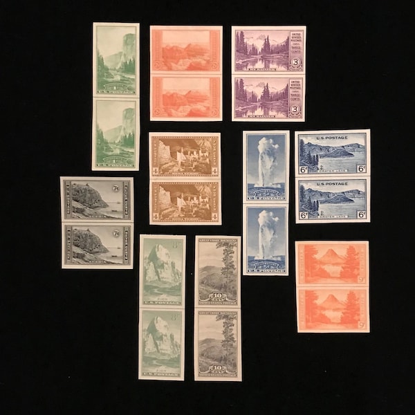 Pairs w/ Horizontal Line, US National Park Imperforates Vintage Stamps, set of 10 pairs