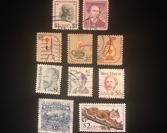 10 Genuine Dollar Value US Vintage Stamps, postally used, 1938-1994
