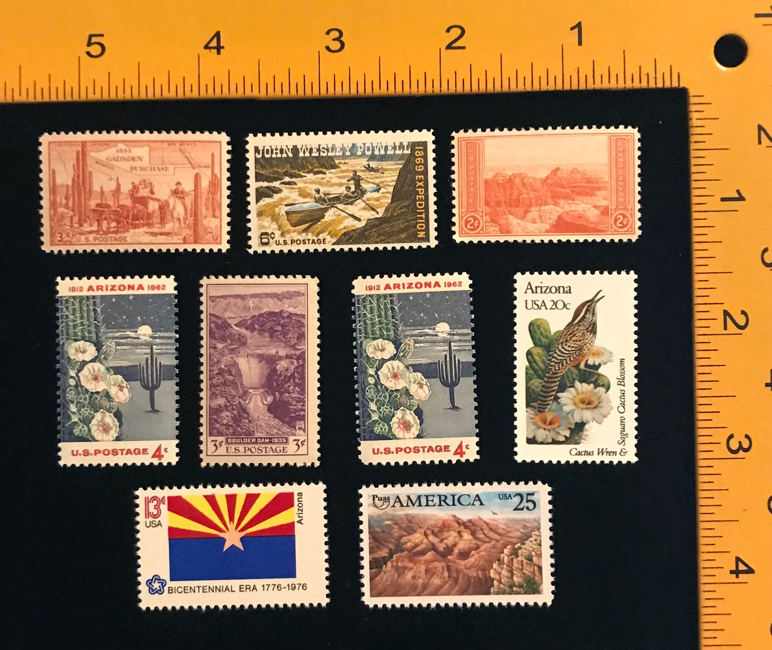 Arizona Genuine US Postage Stamps, Vintage 1934 to 1982, Set of 9