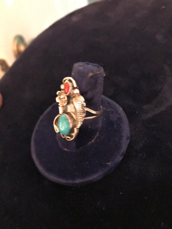 Sterling Silver Turquoise and Red Coral Indian Ri… - image 7