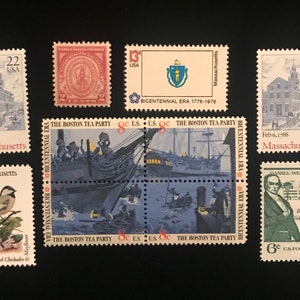 Massachusetts Vintage US Stamps, issued 1930 to 1982, set of 10