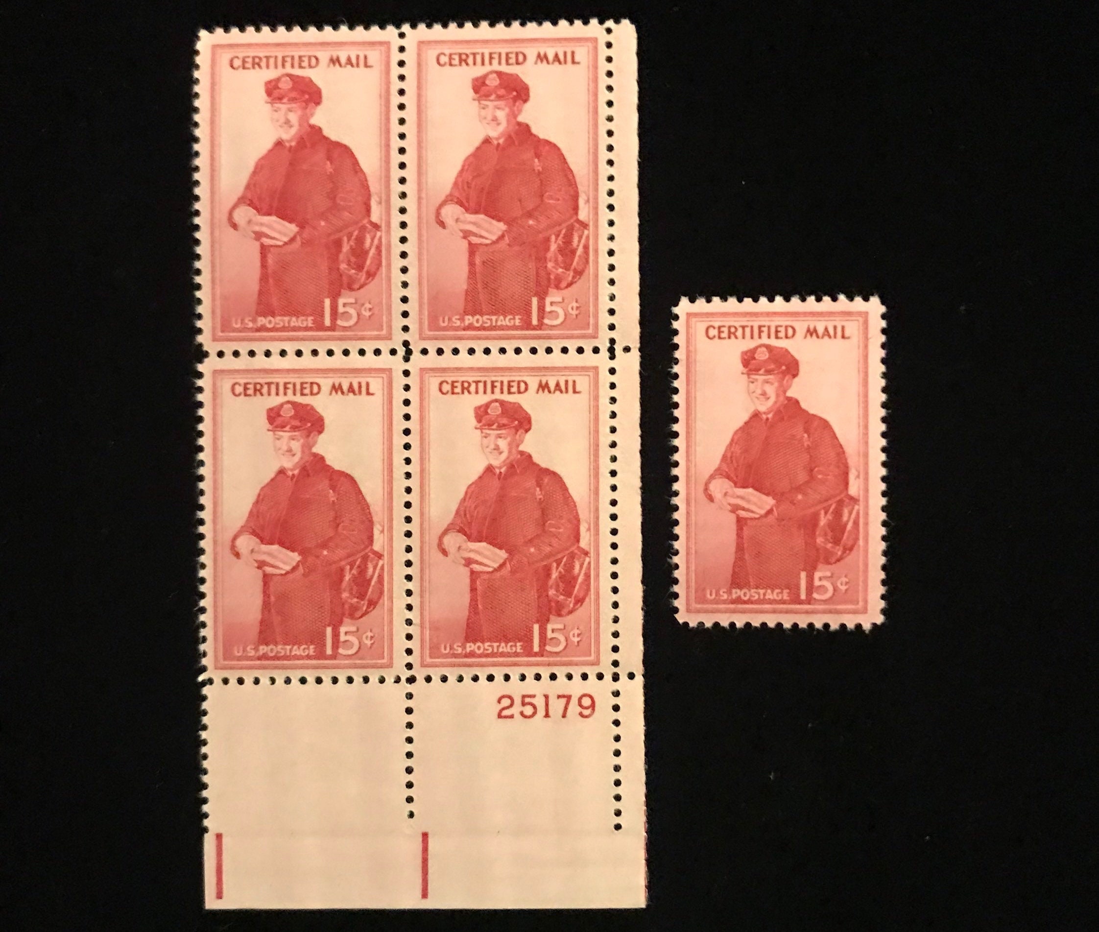 FA1 Plate Block of 4 and a single stamp, MNH, Certified Mail issue of 1955