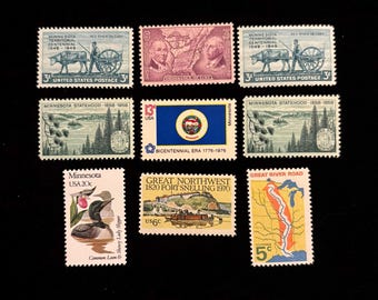 Minnesota Vintage US Stamps, issued 1937 to 1982, set of 9