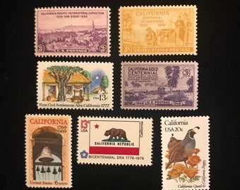 California genuine US postage stamps, vintage 1935 to 1982, set of 7 stamps